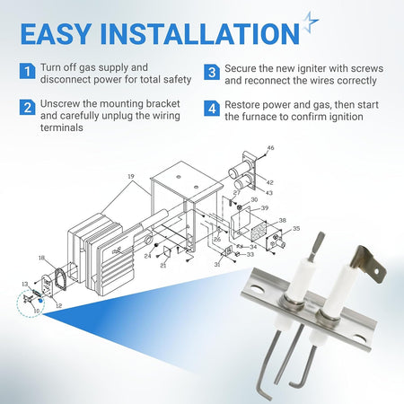 Installation guide diagram for 525019 RV furnace igniter electrode showing replacement steps and component placement.
