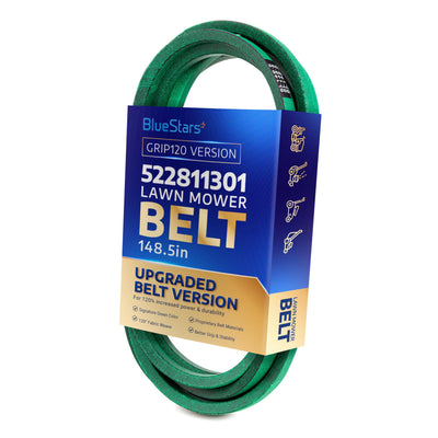 522811301 green deck belt for Husqvarna zero-turn mowers in BlueStars branded packaging.