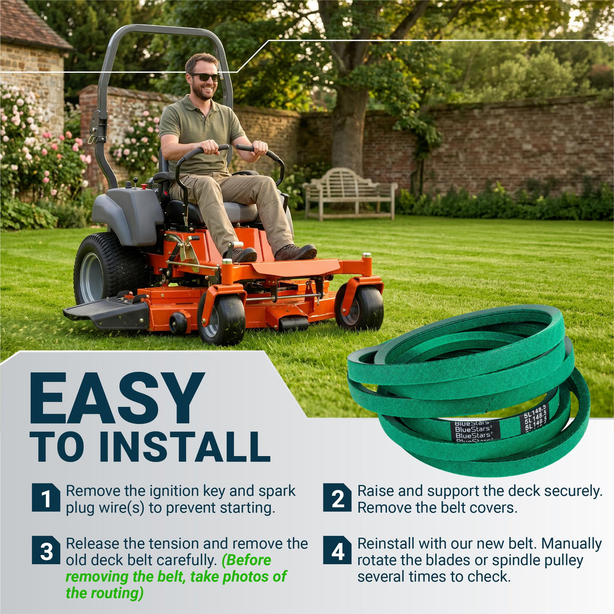 Green replacement mower deck belt with installation instructions for zero-turn lawn mowers.