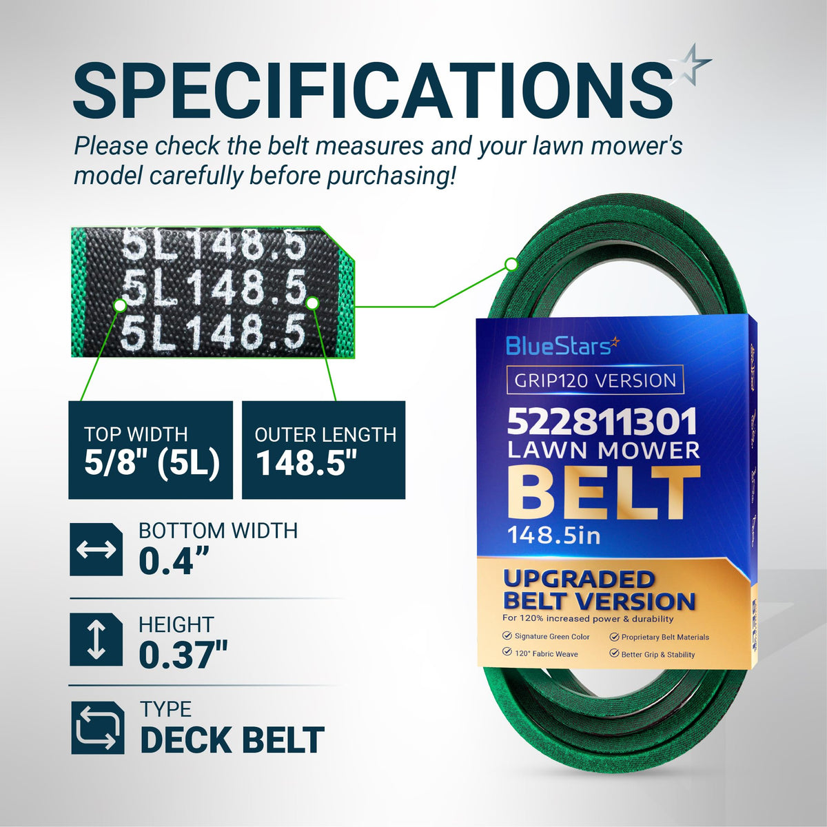 BlueStars 522811301 lawn mower deck belt specifications chart showing 5/8 inch width and 148.5 inch outer length.