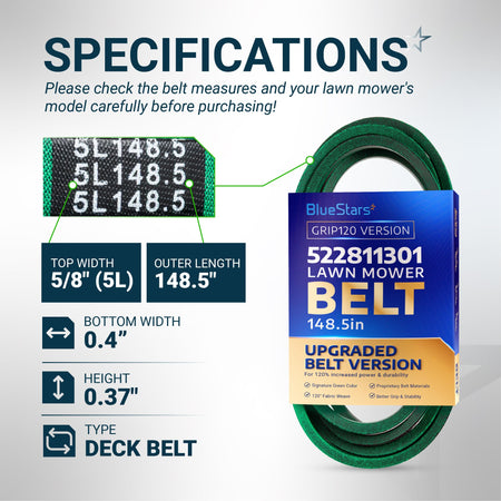 BlueStars 522811301 lawn mower deck belt specifications chart showing 5/8 inch width and 148.5 inch outer length.