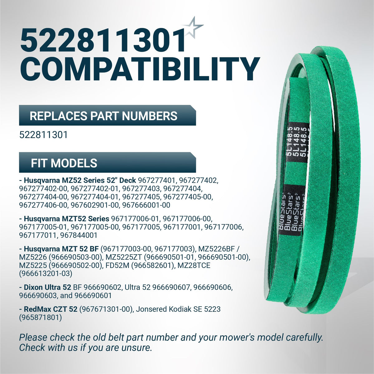 Green replacement mower deck belt 522811301 for Husqvarna, Dixon, and RedMax zero-turn mowers.