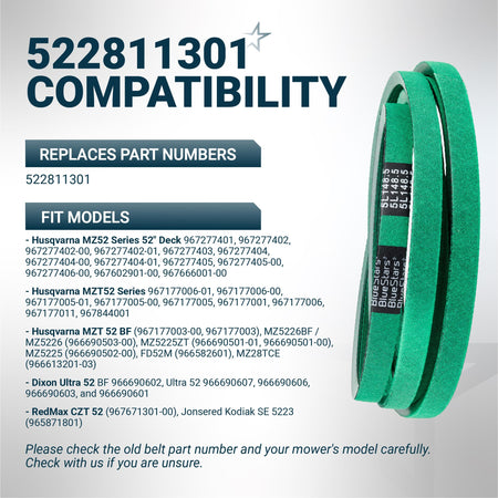Green replacement mower deck belt 522811301 for Husqvarna, Dixon, and RedMax zero-turn mowers.