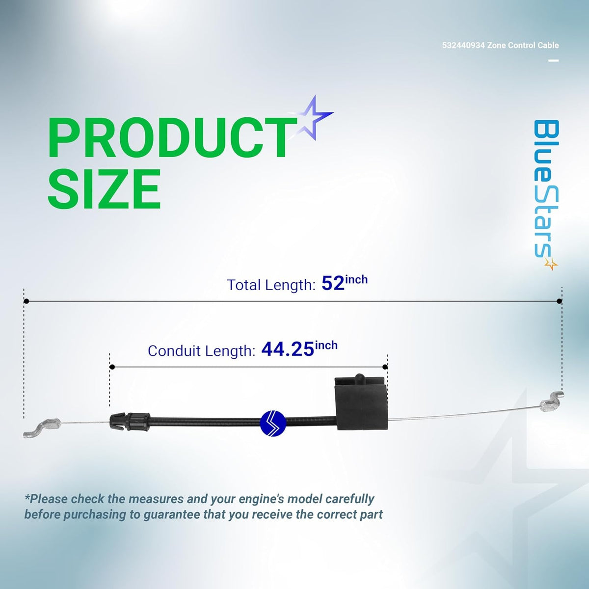 Diagram showing dimensions of 532440934 zone control cable with 52-inch total length and 44.25-inch conduit length.