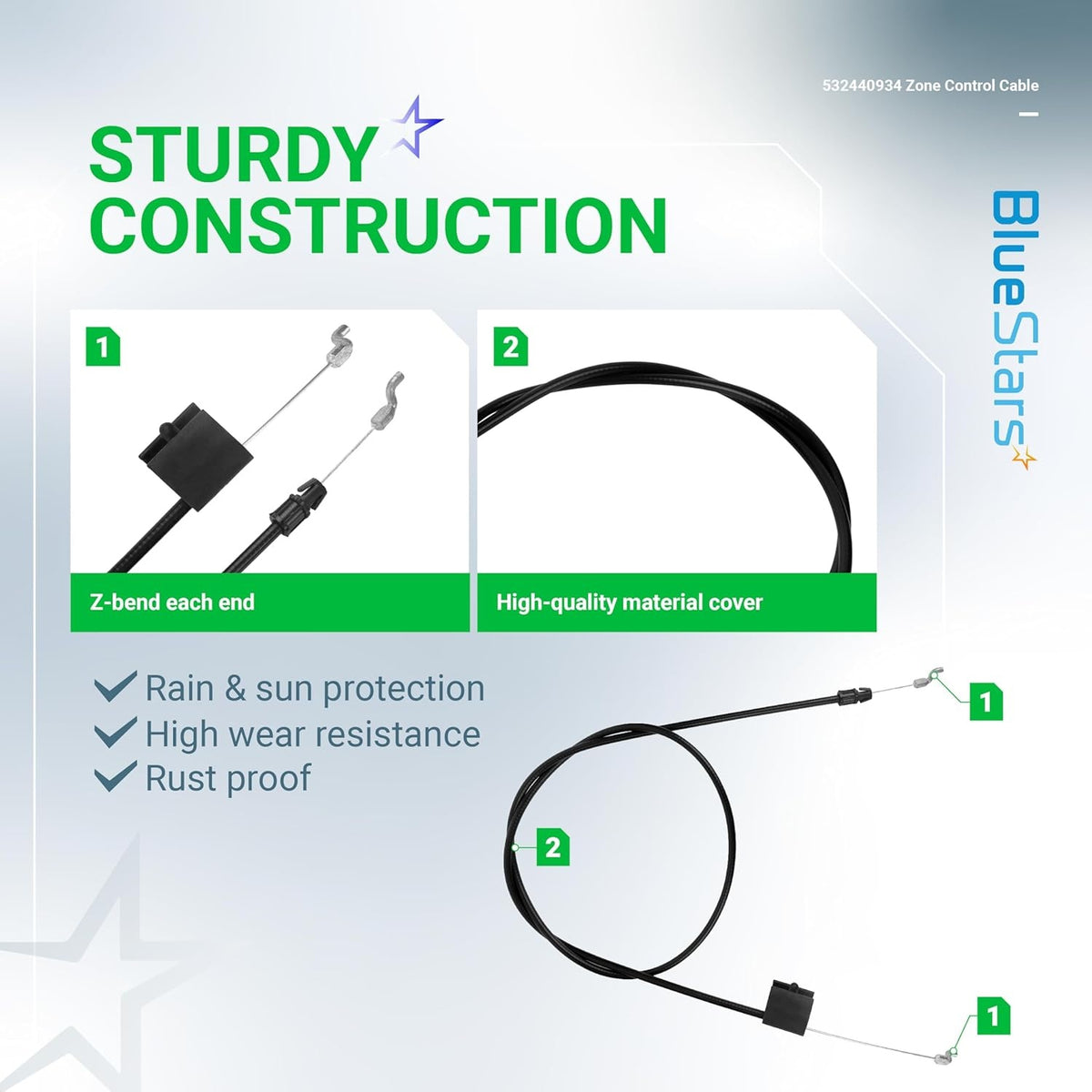 Infographic showing construction features of 532440934 zone control cable for Craftsman and Poulan lawn mowers.