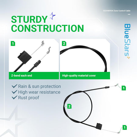 Infographic showing construction features of 532440934 zone control cable for Craftsman and Poulan lawn mowers.