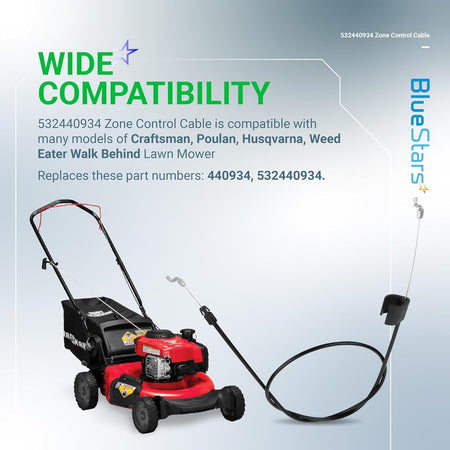 Infographic showing 532440934 zone control cable compatibility with Craftsman and Poulan walk-behind lawn mowers.