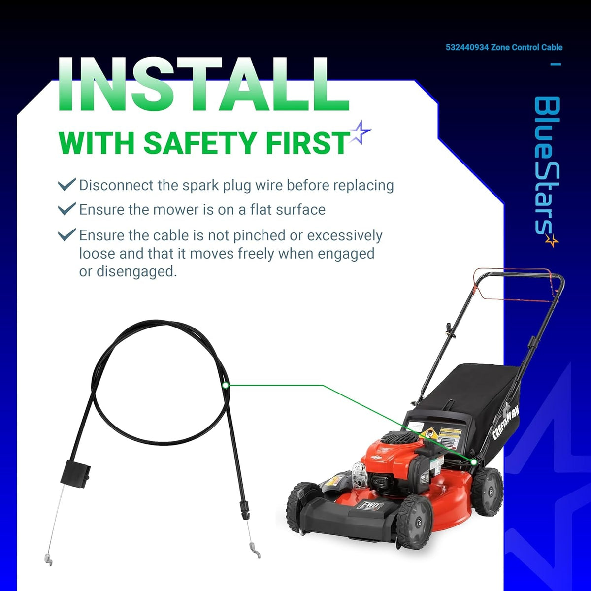 Installation guide for 532440934 zone control cable on a Craftsman lawn mower with safety instructions.