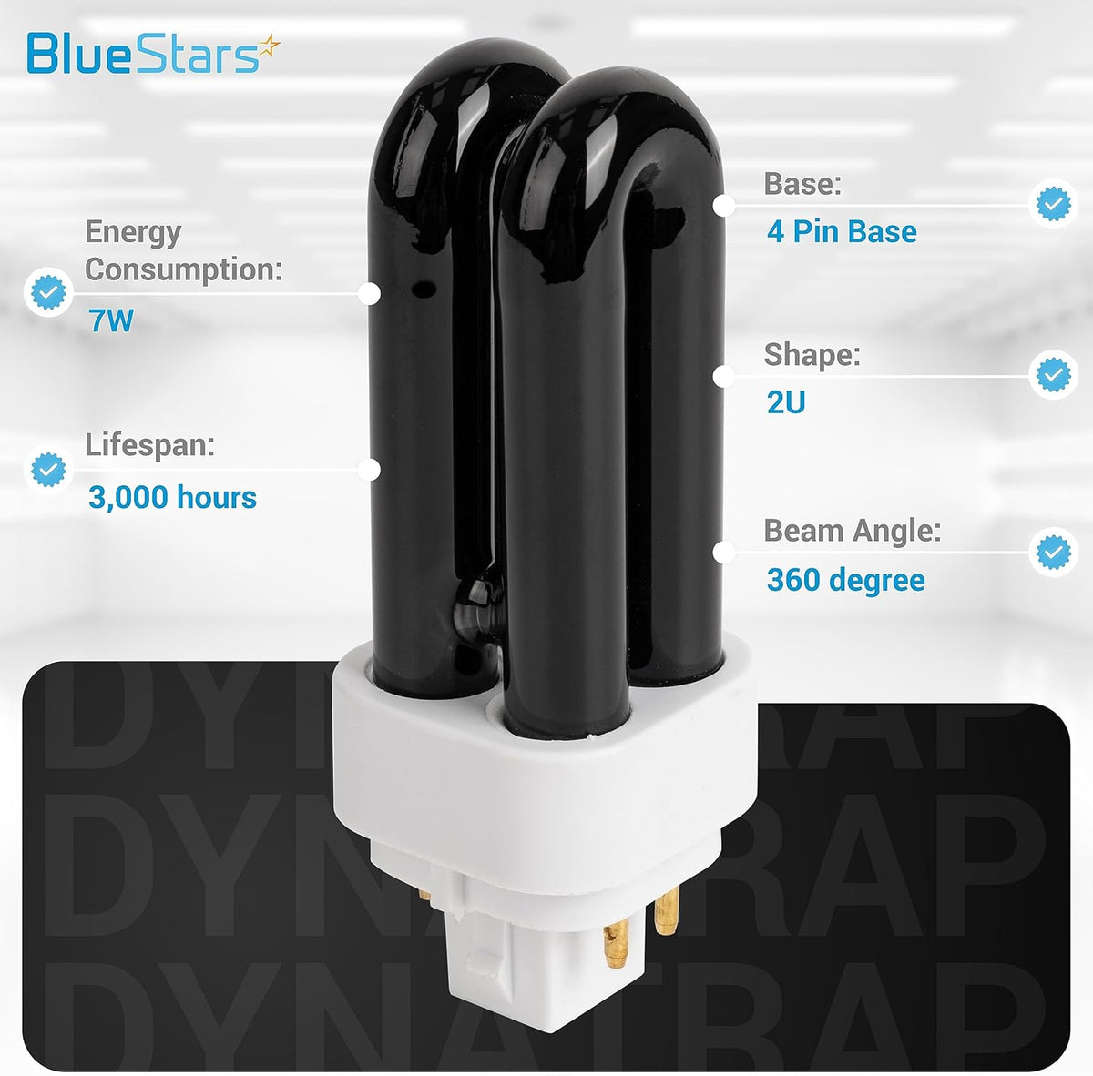Single 7W 41050 replacement UV light bulb for DynaTrap with 4-pin base and 2U shape specifications.