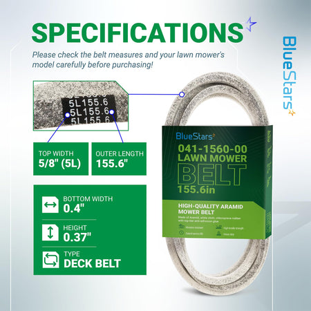 Specification chart for 041-1560-00 54-inch deck belt showing dimensions, material, and compatibility details.
