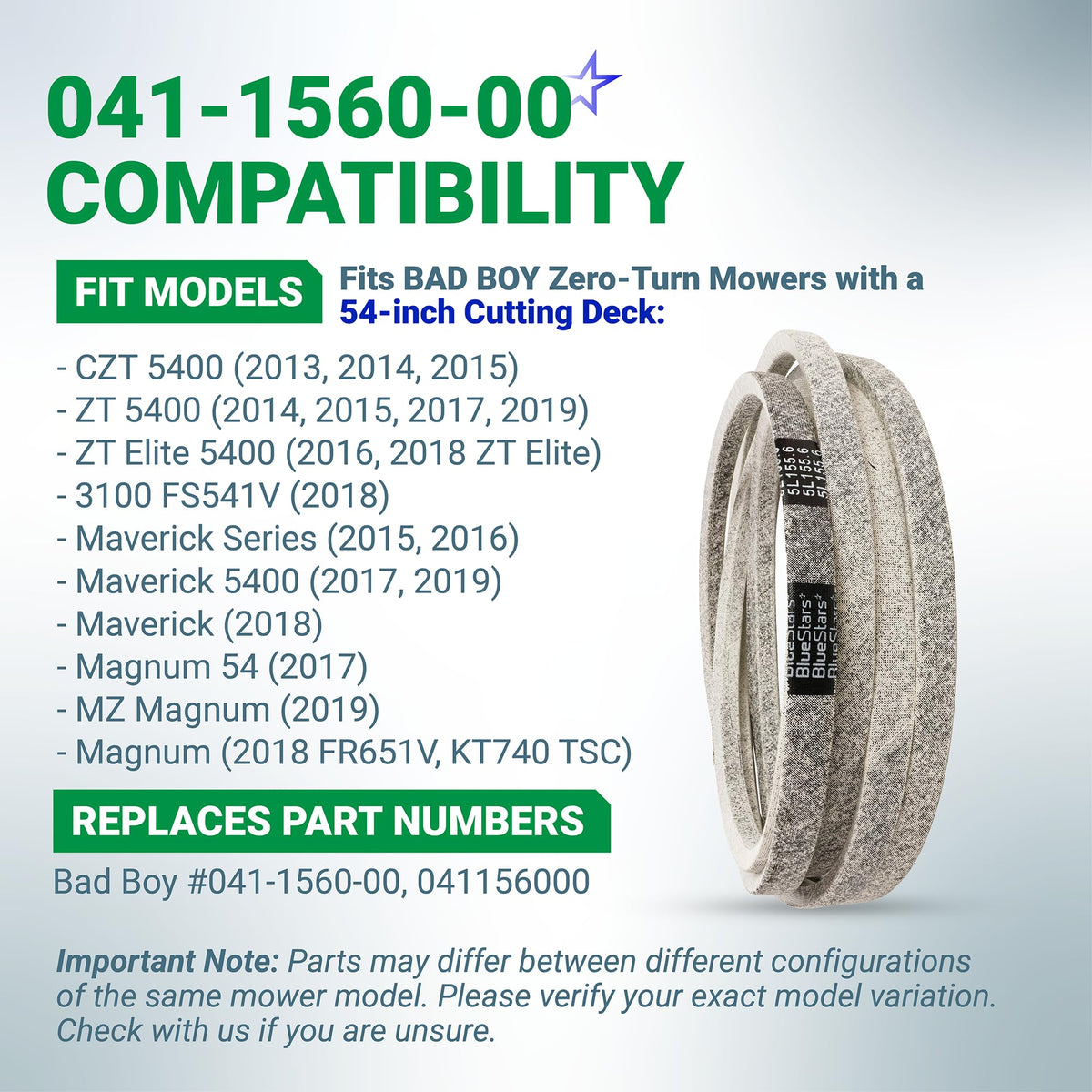 041-1560-00 replacement deck belt for 54-inch Bad Boy zero-turn mowers with compatibility chart.