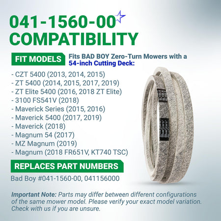 041-1560-00 replacement deck belt for 54-inch Bad Boy zero-turn mowers with compatibility chart.