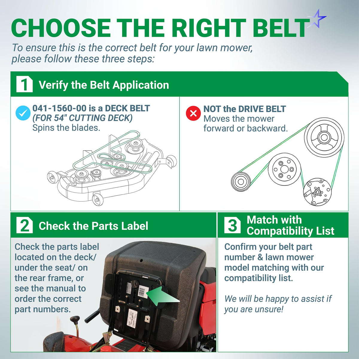 Infographic guide for identifying 041-1560-00 54-inch deck belt compatibility for Bad Boy zero turn mowers.