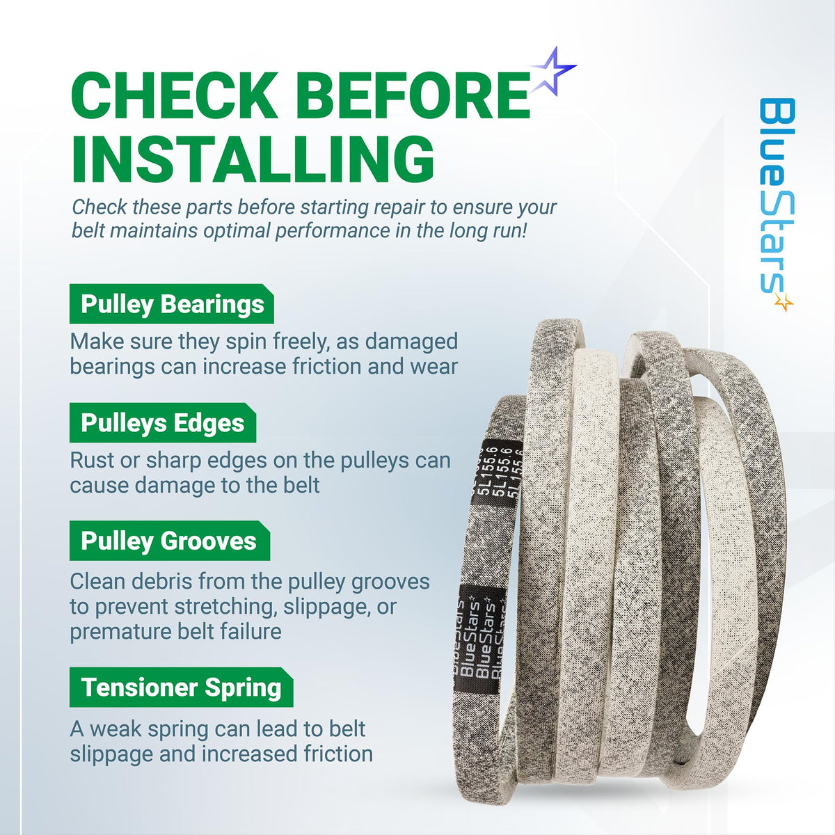 Instructional graphic for 041-1560-00 54-inch mower deck belt installation and maintenance tips.