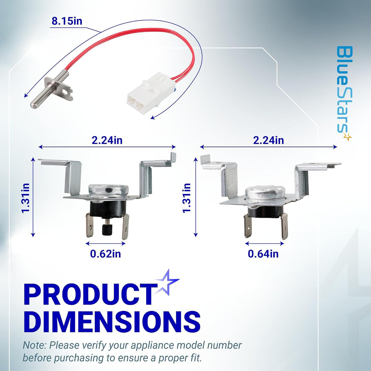 AGM30045804 Dryer Thermistor & Thermostat Kit dimensions diagram showing thermistor wire length and thermostat measurements