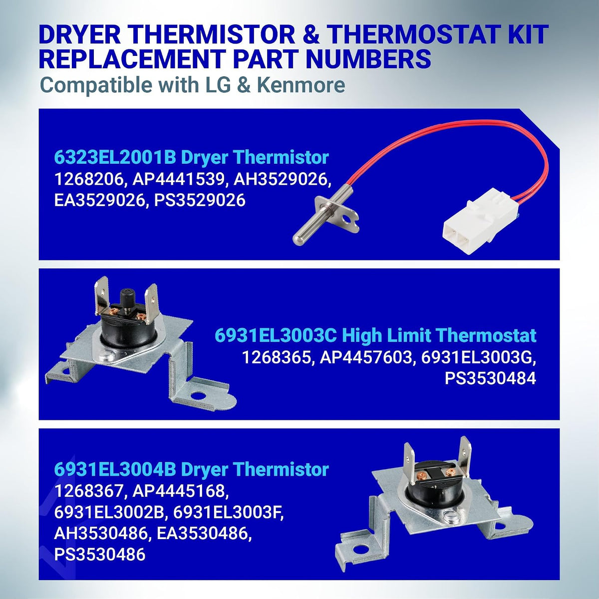 AGM30045804 Dryer Thermistor & Thermostat Kit replacement part number chart for LG and Kenmore
