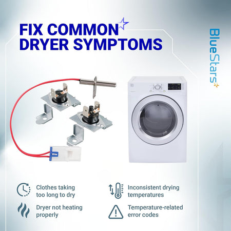 AGM30045804 Dryer Thermistor & Thermostat Kit graphic showing parts, dryer, and common drying symptoms