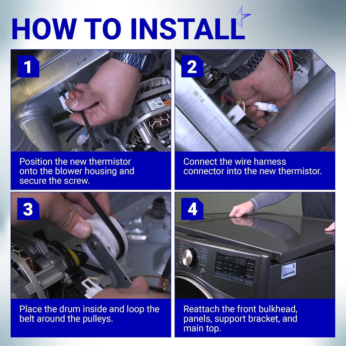 AGM30045804 Dryer Thermistor & Thermostat Kit installation guide showing four steps with photos and instructions