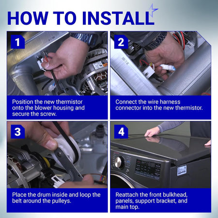 AGM30045804 Dryer Thermistor & Thermostat Kit installation guide showing four steps with photos and instructions