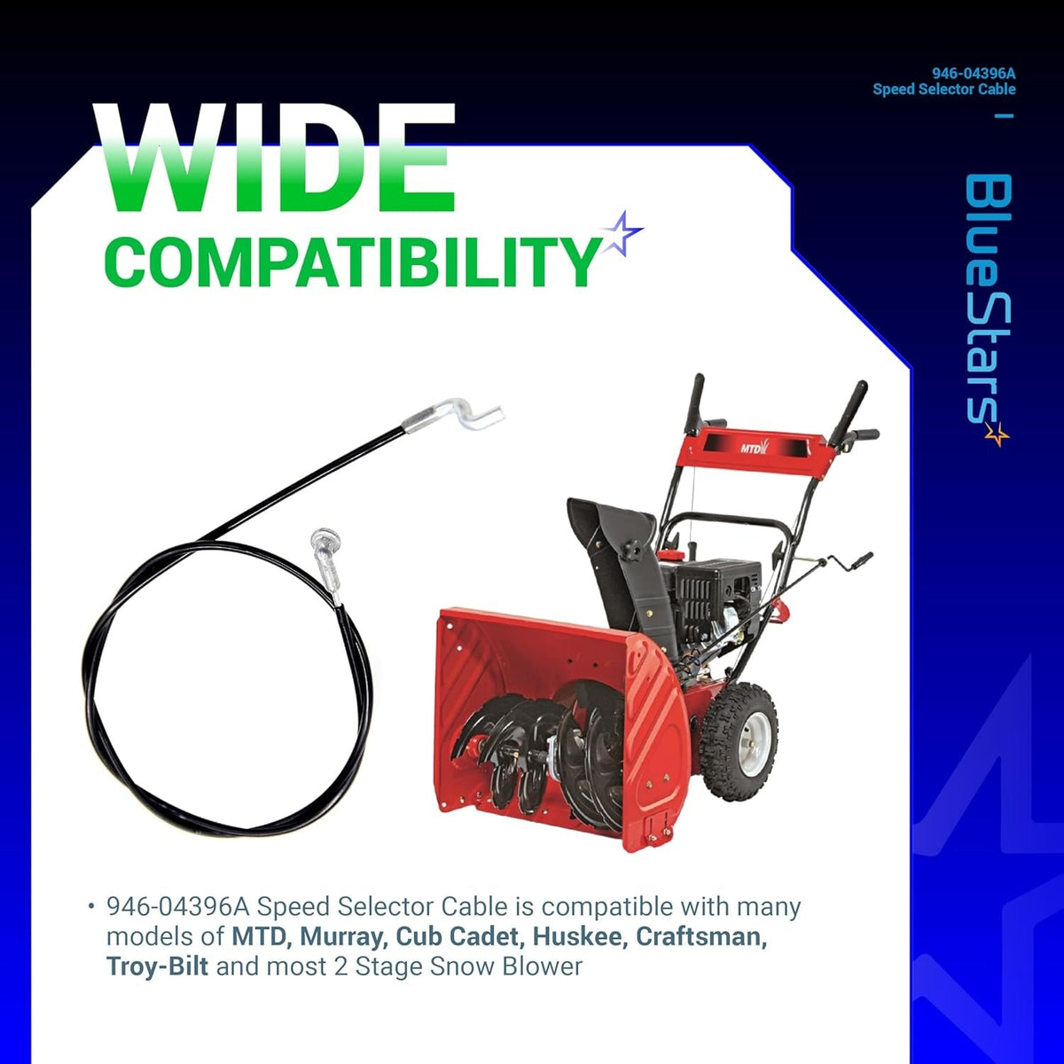 946-04396A speed selector cable for 2-stage snow blowers compatible with MTD, Cub Cadet, and Troy-Bilt.