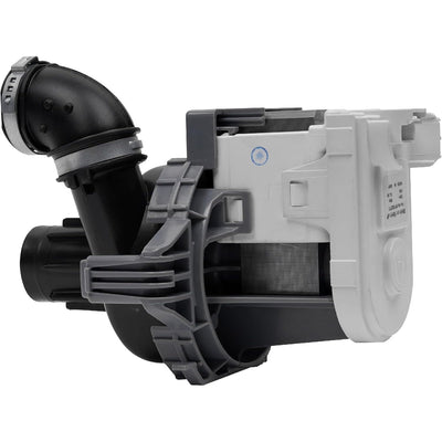 W11032770 dishwasher circulation pump motor assembly with attached black rubber hose and metal clamps.