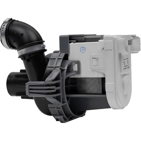 W11032770 dishwasher circulation pump motor assembly with attached black rubber hose and metal clamps.