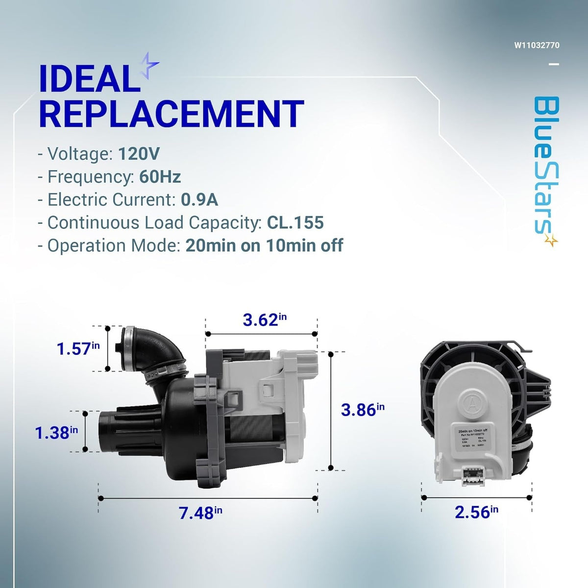 W11032770 dishwasher circulation pump motor assembly showing technical dimensions and electrical specifications.
