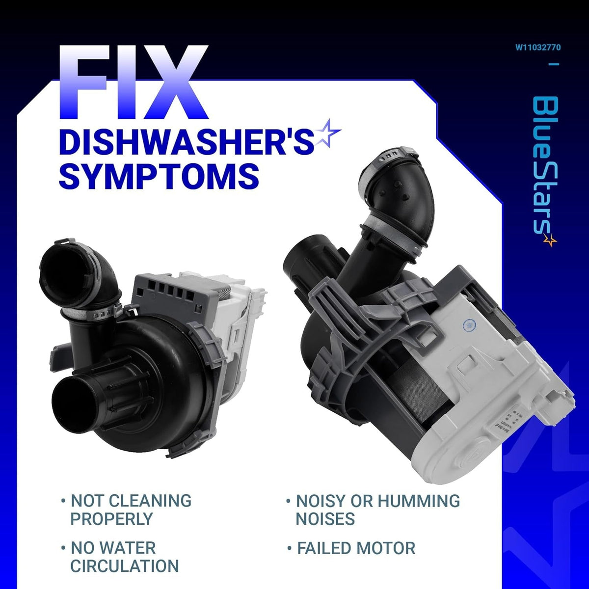 W11032770 dishwasher circulation pump motor assembly showing two angles to troubleshoot common dishwasher symptoms.