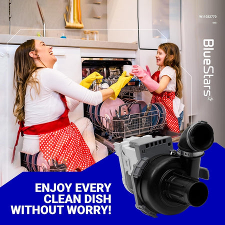 W11032770 dishwasher circulation pump motor assembly shown in a lifestyle marketing graphic.