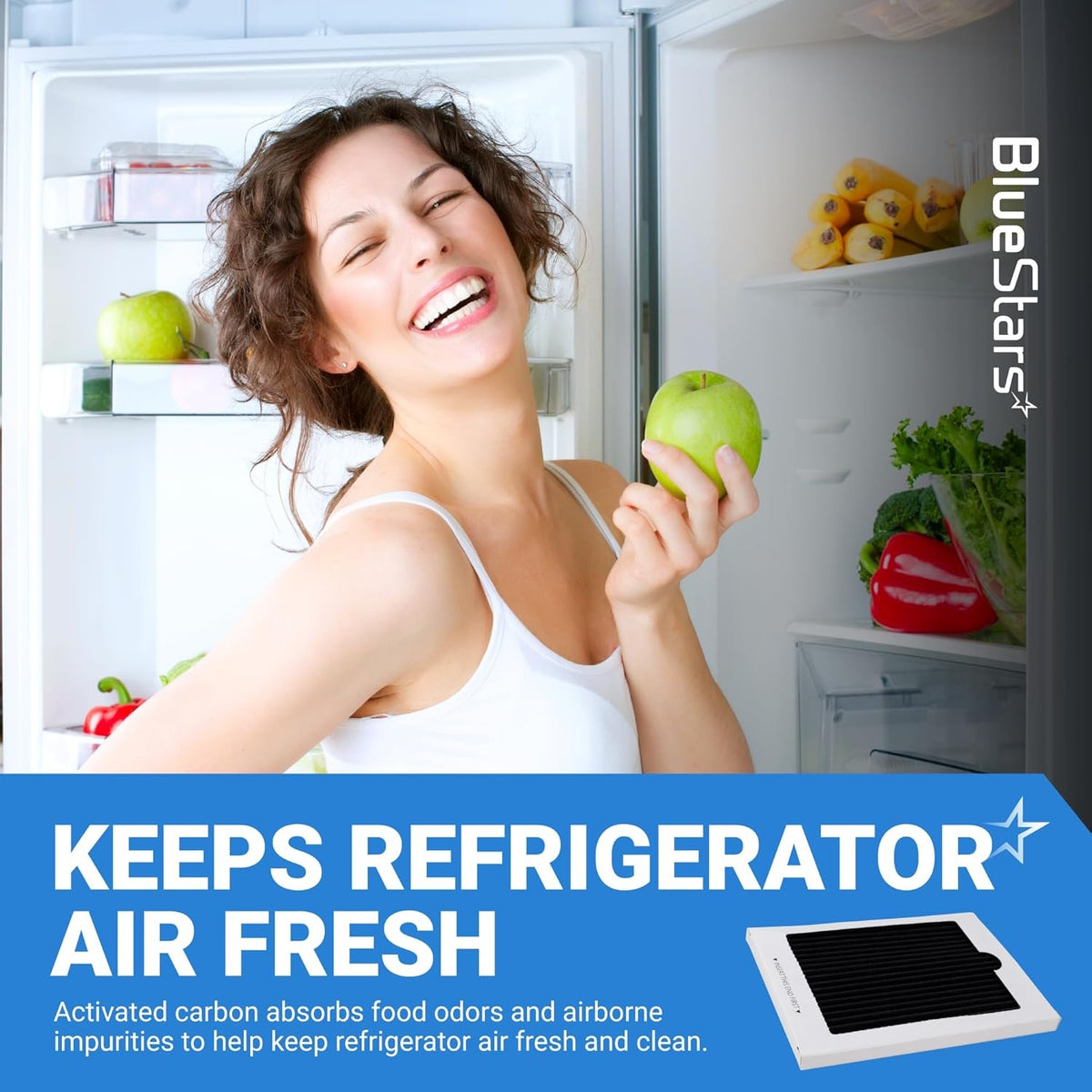Woman smiling in front of a refrigerator with an EAFCBF air filter replacement shown in the corner.