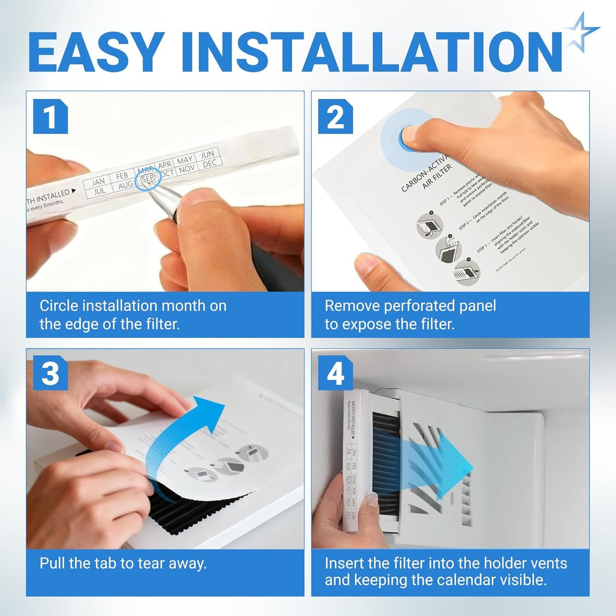 Four-step installation guide for EAFCBF refrigerator air filter replacement compatible with Frigidaire and Electrolux.