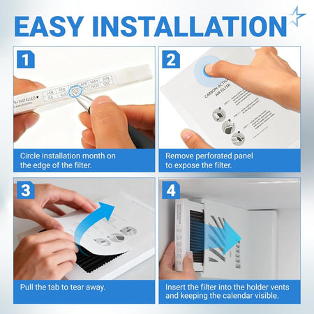 Four-step installation guide for EAFCBF refrigerator air filter replacement compatible with Frigidaire and Electrolux.