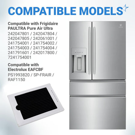 Infographic showing EAFCBF refrigerator air filter compatibility with Frigidaire and Electrolux models.
