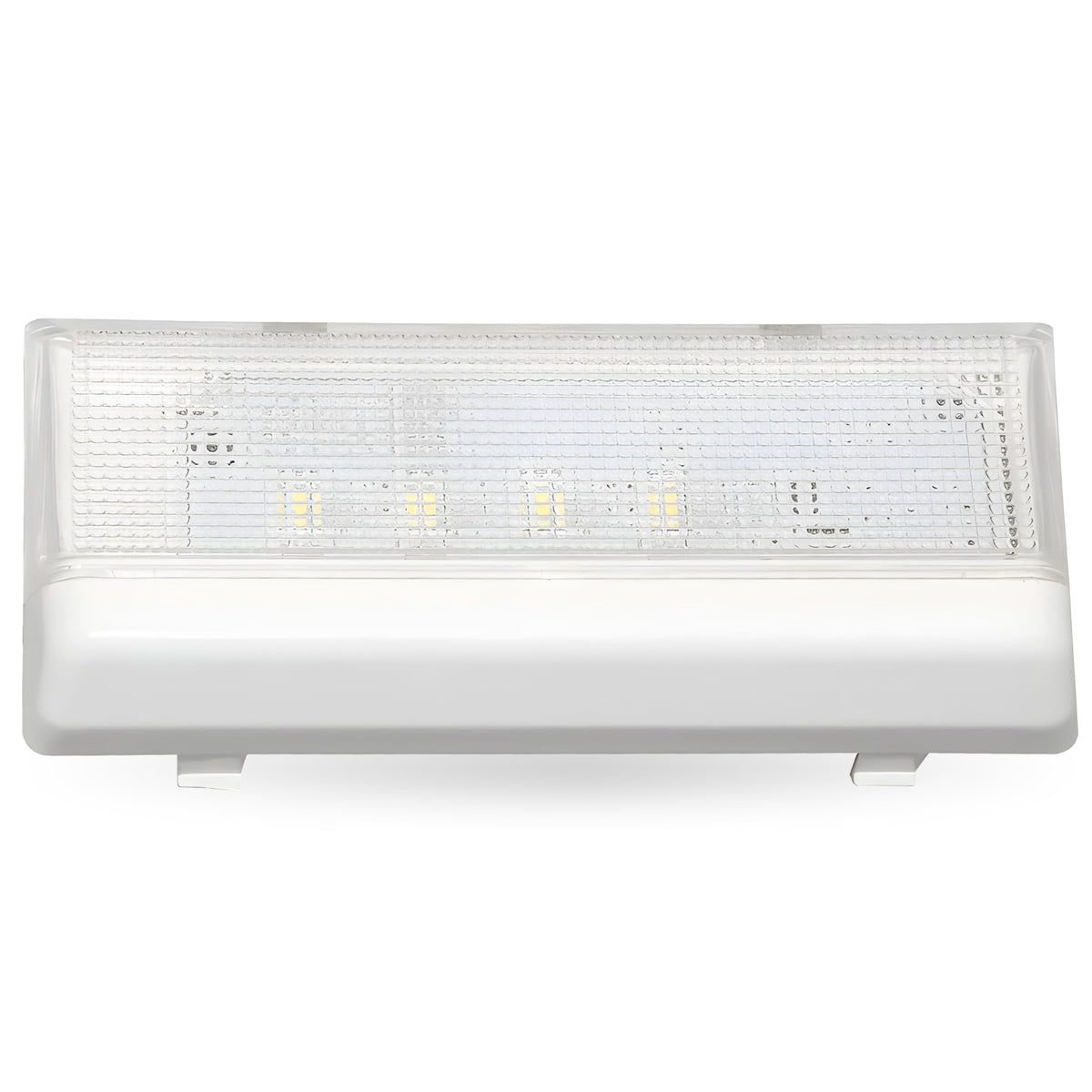 W10515057 refrigerator LED light module with clear textured lens and white housing.