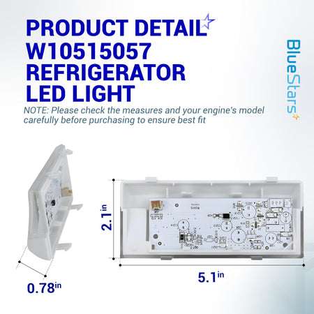 W10515057 refrigerator LED light module showing dimensions of 5.1 inches by 2.1 inches and side profile view.