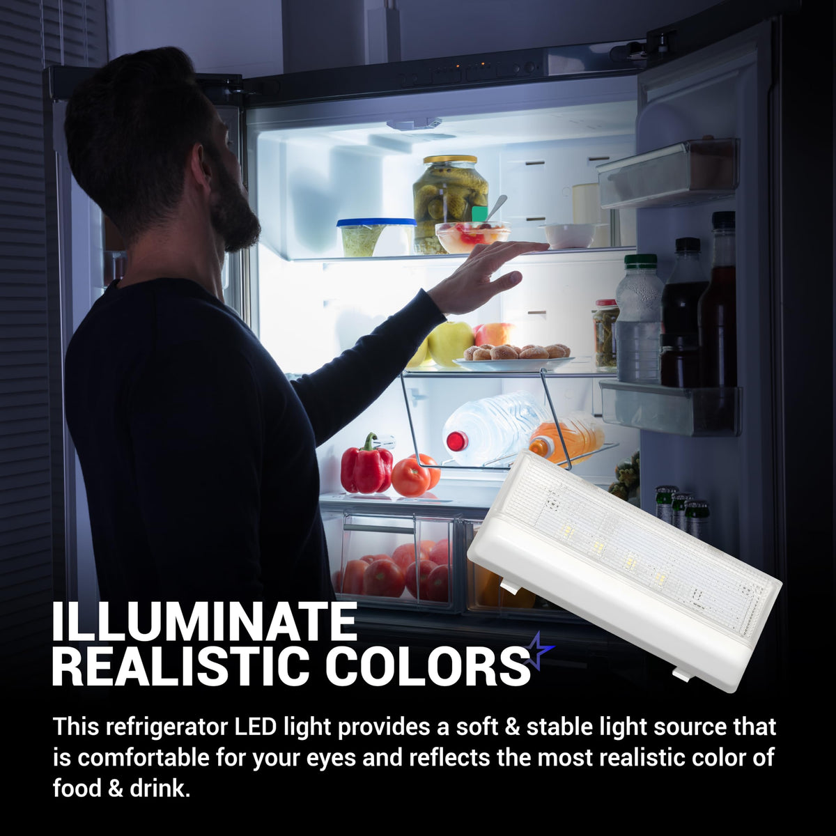 W10515057 refrigerator LED light module shown with a man reaching into a brightly lit refrigerator.