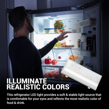 W10515057 refrigerator LED light module shown with a man reaching into a brightly lit refrigerator.