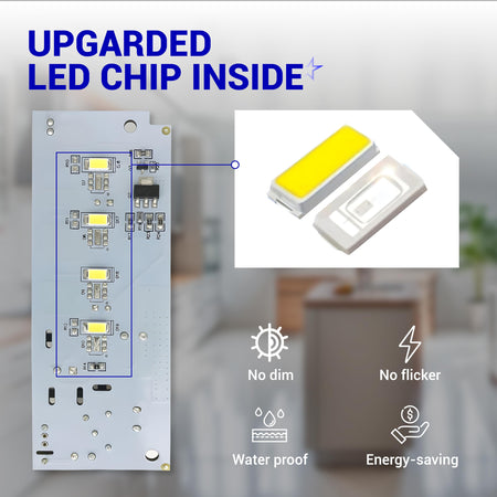 W10515057 refrigerator LED light board showing upgraded LED chip detail and energy-saving features.