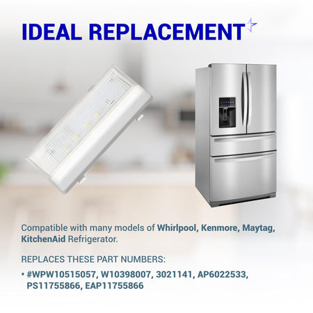 W10515057 refrigerator LED light replacement module shown with a compatible stainless steel refrigerator.
