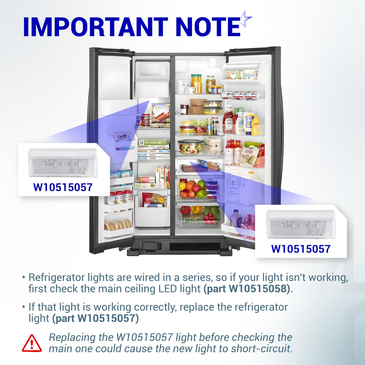 Diagram showing W10515057 refrigerator LED light installation locations and troubleshooting tips for Whirlpool appliances.