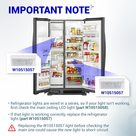 Diagram showing W10515057 refrigerator LED light installation locations and troubleshooting tips for Whirlpool appliances.
