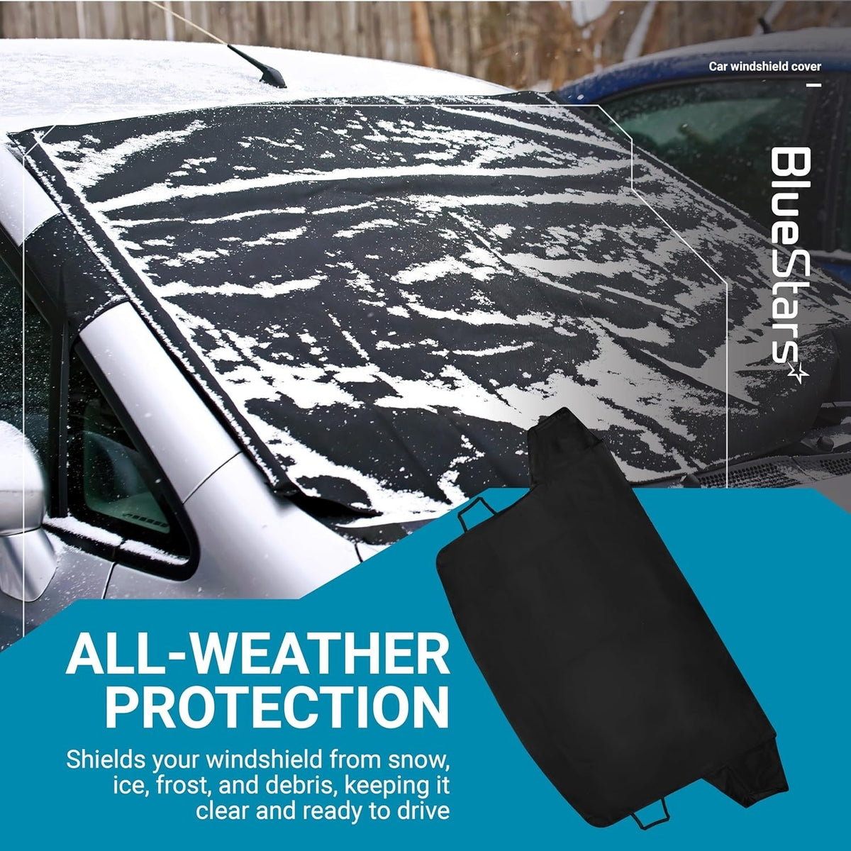 Black 69x42 inch windshield cover installed on a car to protect against snow and ice.