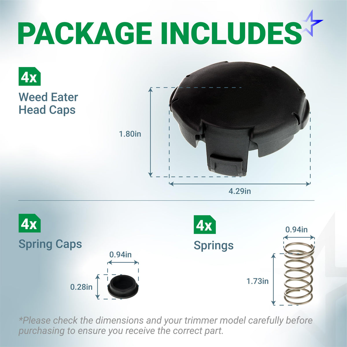 Dimension diagram of Speed Feed 400 trimmer head cap, spring cap, and spring for Echo string trimmers.