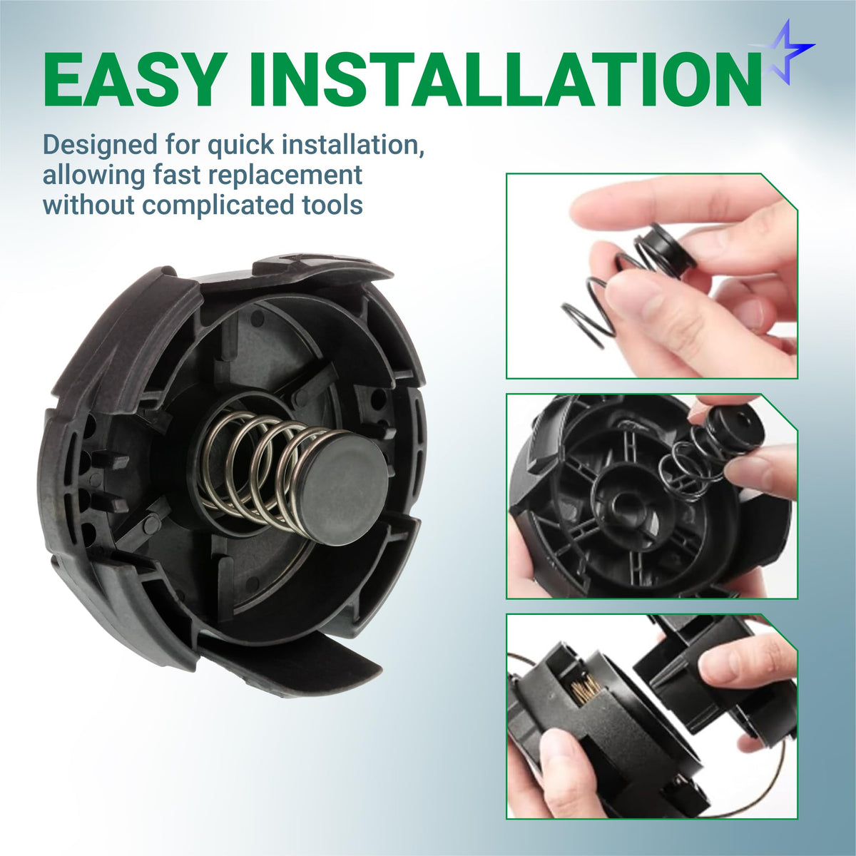 Instructional graphic showing easy installation of Speed Feed 400 trimmer head cap and spring for Echo string trimmers.