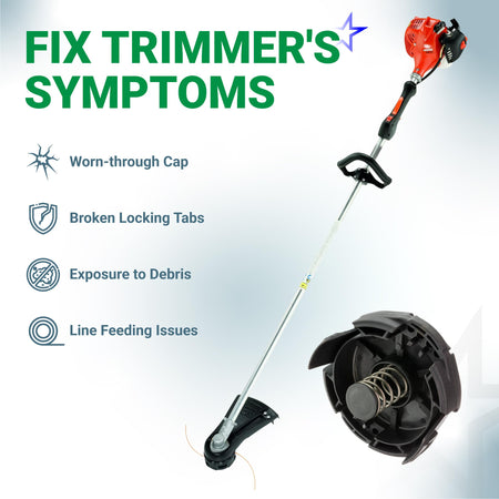 Infographic showing Echo string trimmer and Speed Feed 400 trimmer head cap and spring kit to fix common issues.
