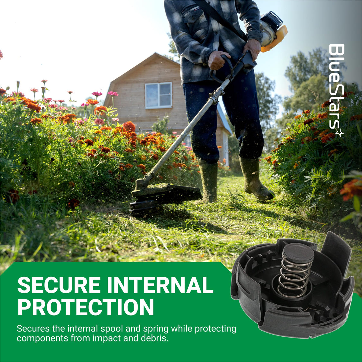Close-up of Speed Feed 400 trimmer head cap and spring for Echo string trimmers.