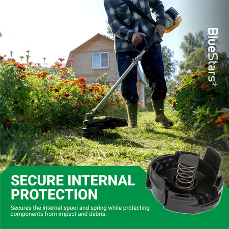 Close-up of Speed Feed 400 trimmer head cap and spring for Echo string trimmers.