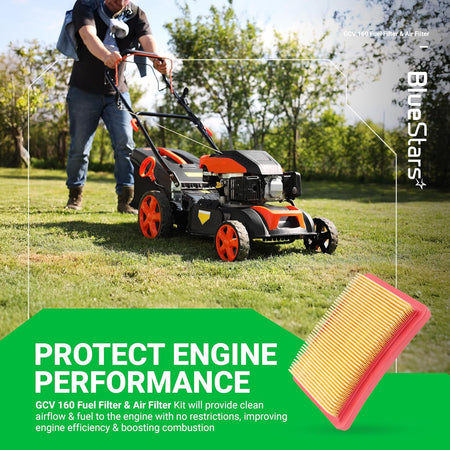 Replacement air filter for Honda GCV160 engine shown in a lawn mower maintenance graphic.