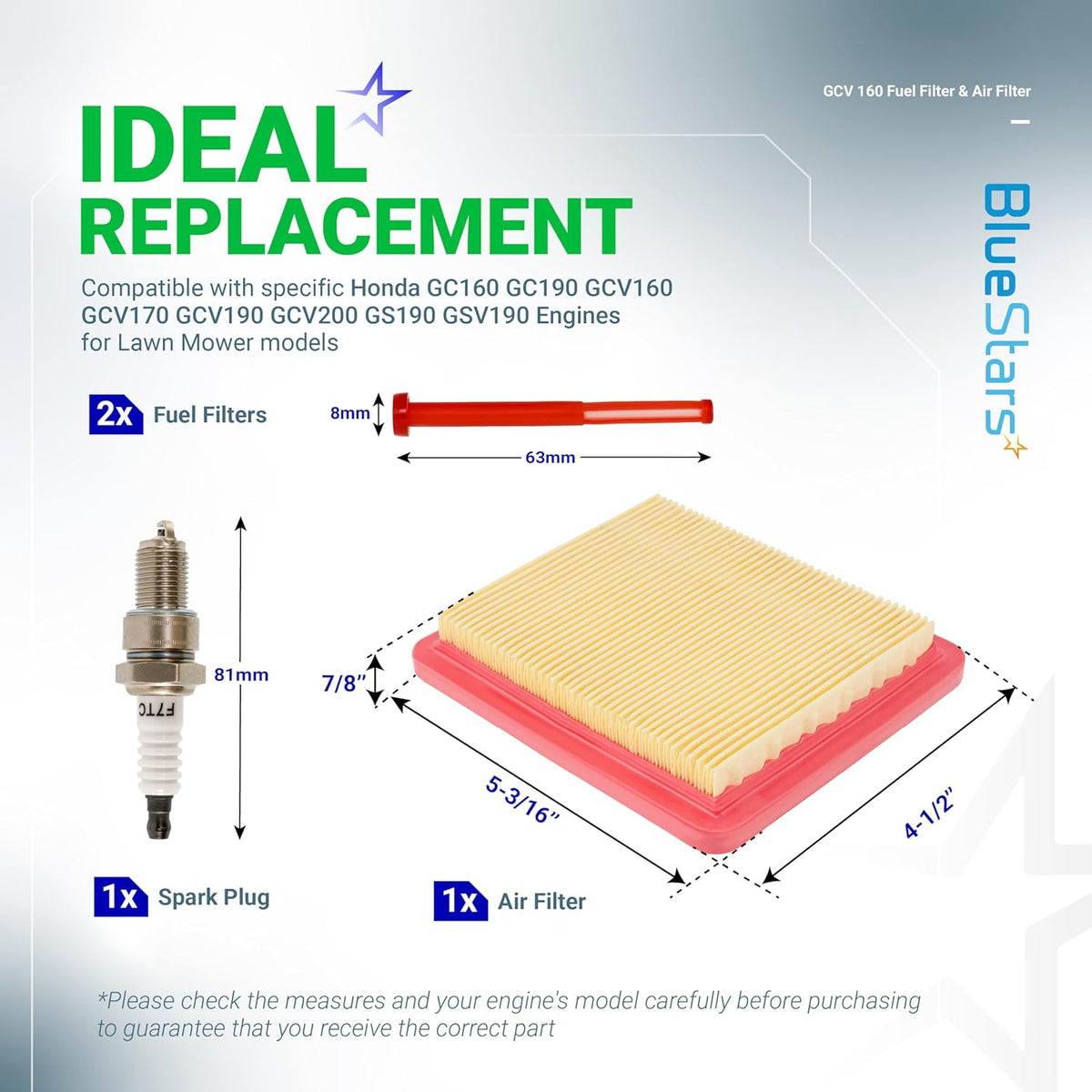 Replacement air filter, fuel filters, and spark plug kit for Honda GCV160, GCV190, and GC160 engines with dimensions.
