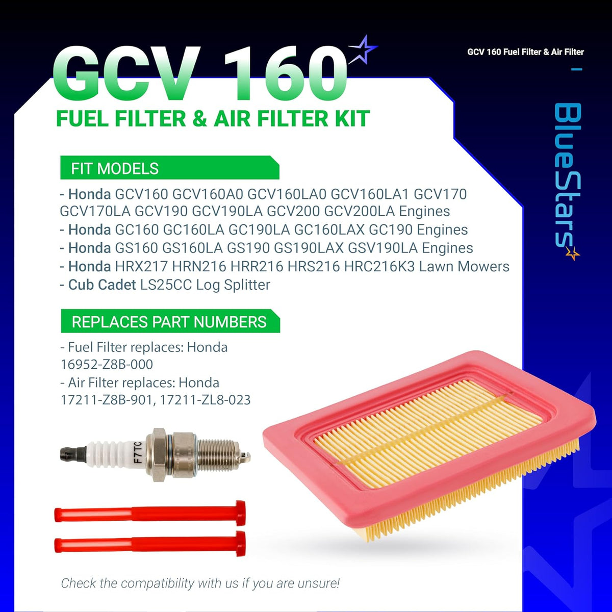 Replacement air filter, spark plug, and fuel line kit for Honda GCV160, GCV170, GCV190, and GCV200 engines.